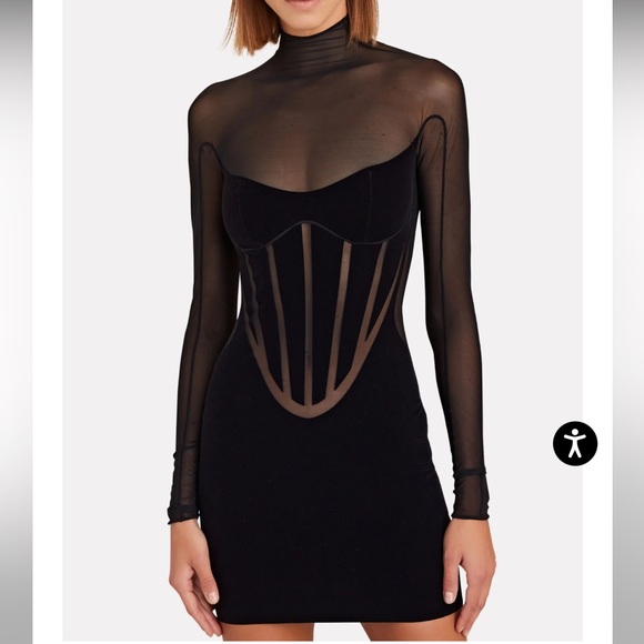 MUGLER X WOLFORD Semi Sheer Corset Paneled Black Mini Dress NWT Flocked - Picture 2 of 5